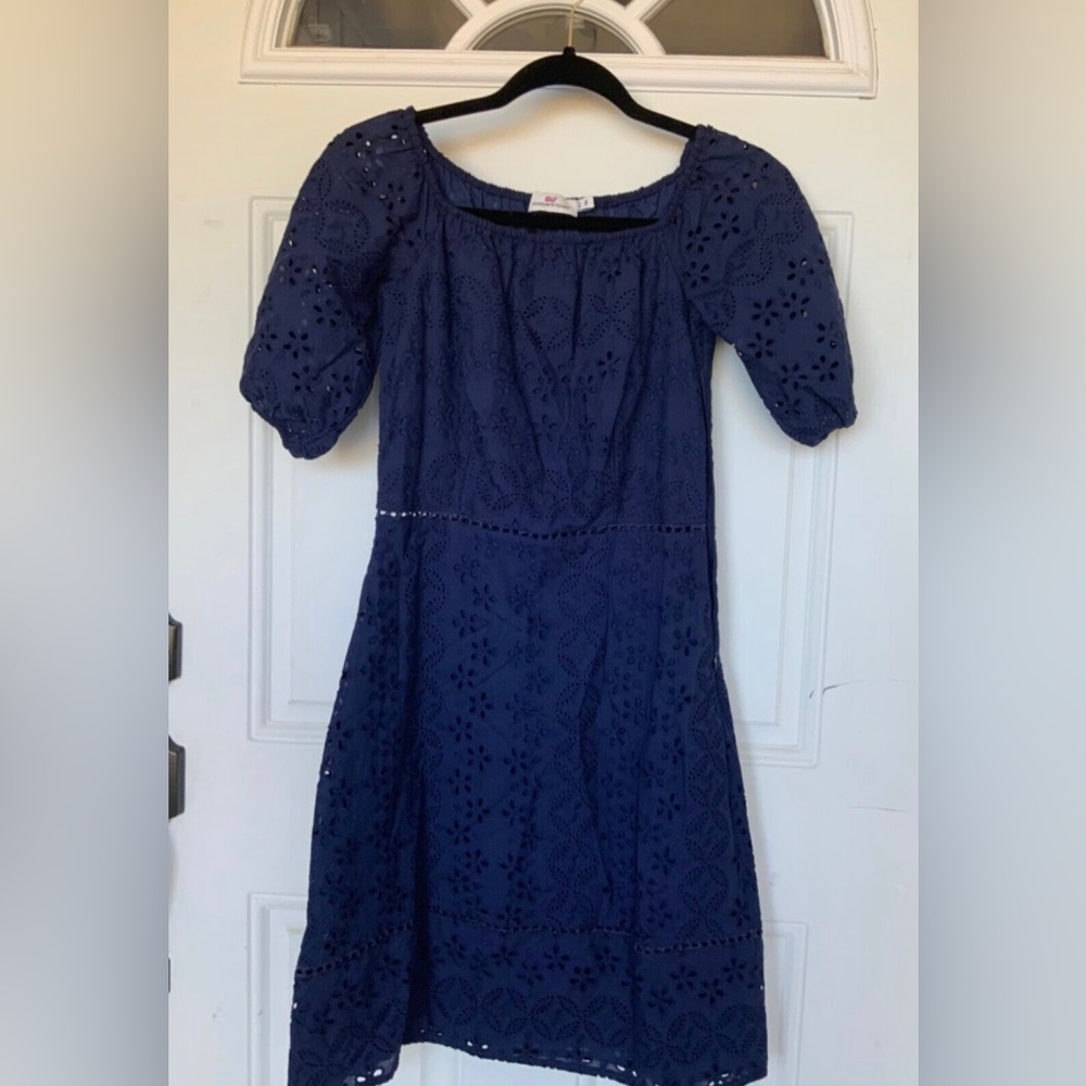 VINEYARD VINES Dress Sz 00 Blue eyelet fabric fit and flare square shoulder